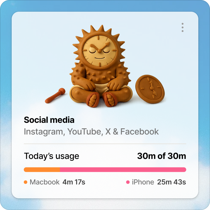 A social media usage card showing today's limit reached: 30 minutes of 30