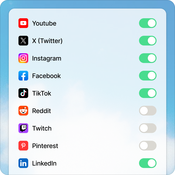 A list of apps with a toggle per app: YouTube, X, Instagram, Facebook and TikTok switched on